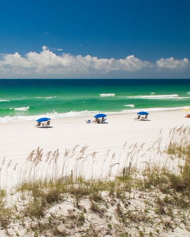 Sandy beach with blue umbrellas and beach chairs, turquoise water with white-capped waves, dune grass in foreground, clear blue sky