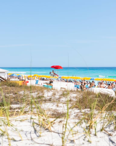 Sandy beach with dune grass, colorful umbrellas, and crowded shoreline along turquoise ocean water
