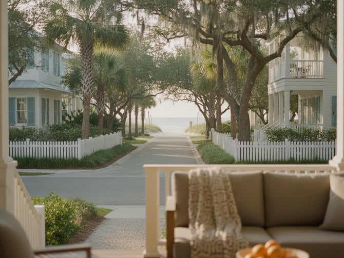 Tree-lined coastal street with white houses, white picket fences, and water view in distance